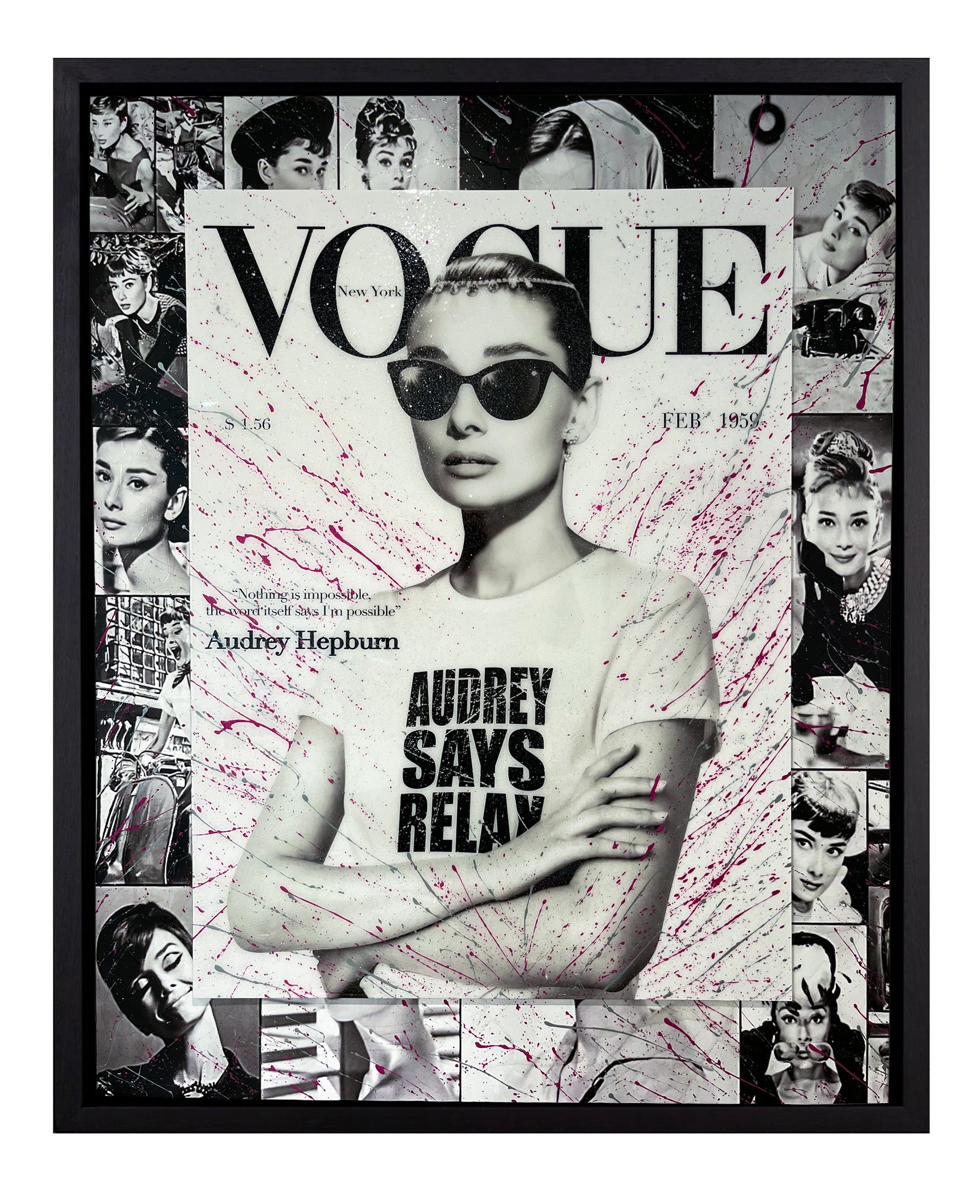 Audrey Hepburn artwork inspired by Vogue magazine, featuring splattered pink and silver acrylic paints layered with glitter resin. This 3D-mounted piece portrays Audrey wearing sunglasses, exuding a cool, sexy, and confident vibe, blending elegance with modern pop art style. 3D Artwork