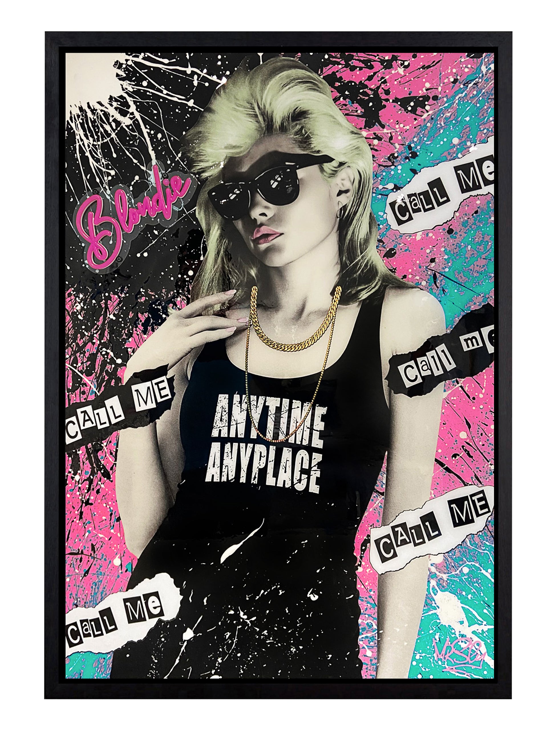 Artwork of Debbie Harry from Blondie with a pink neon sign, silver leaf, pink and blue paints, and glitter resin for a vibrant, dynamic effect. Neon artwork.