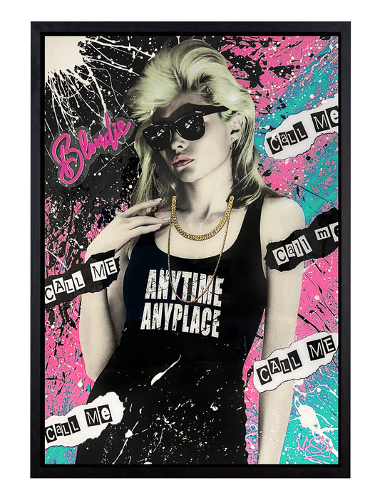 Artwork of Debbie Harry from Blondie with a pink neon sign, silver leaf, pink and blue paints, and glitter resin for a vibrant, dynamic effect. Neon artwork.