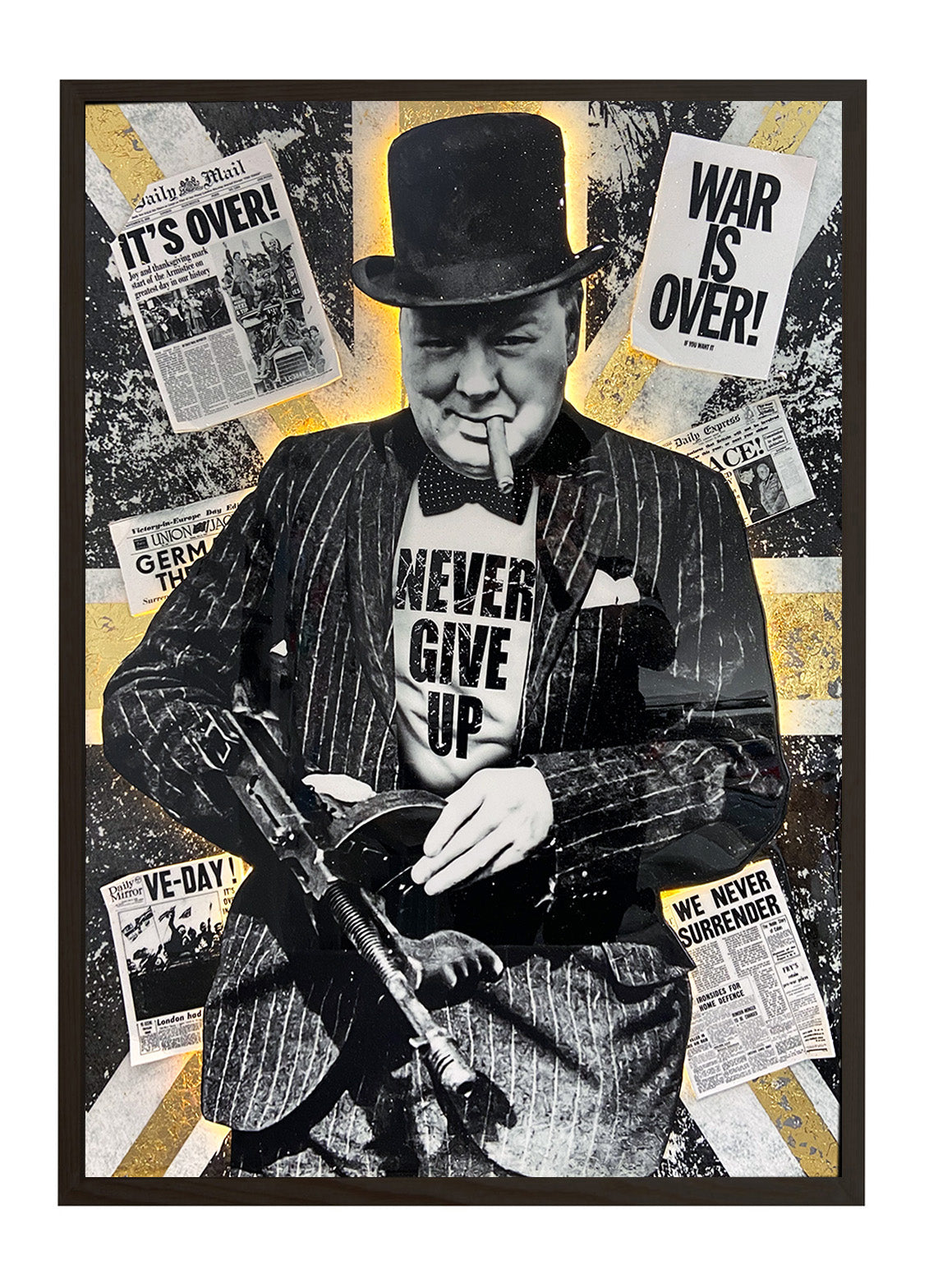 Gold leaf artwork of Winston Churchill with LED lights fitted underneath. Handcrafted for a bold and dynamic visual impact.