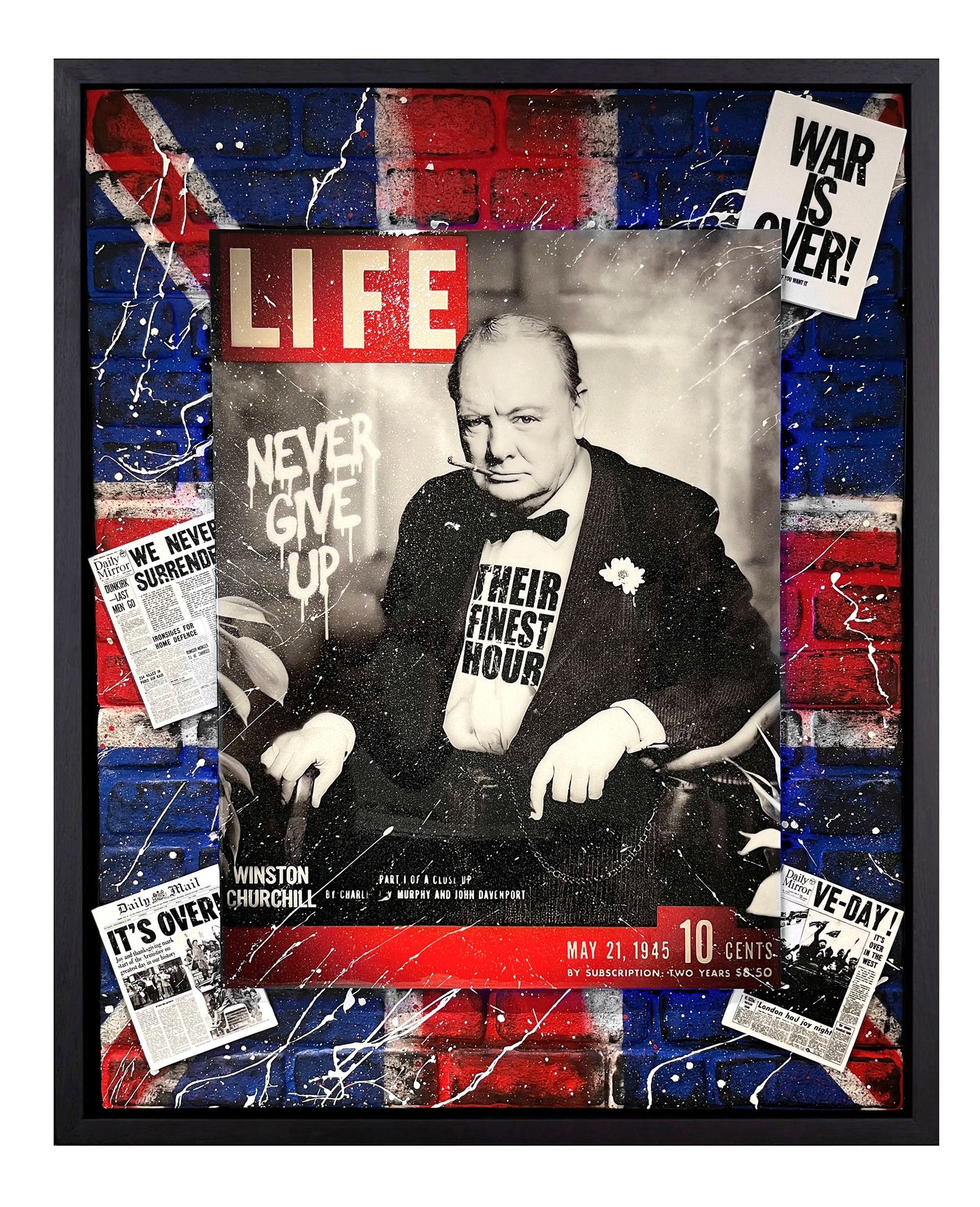 Winston Churchill artwork inspired by Life magazine, featuring a 3D design mounted over a brick-textured Union Jack. This mixed media piece combines spray paint, acrylic paints, and bold patriotic elements to celebrate Churchill's legacy with a modern urban art twist. 3D Artwork.