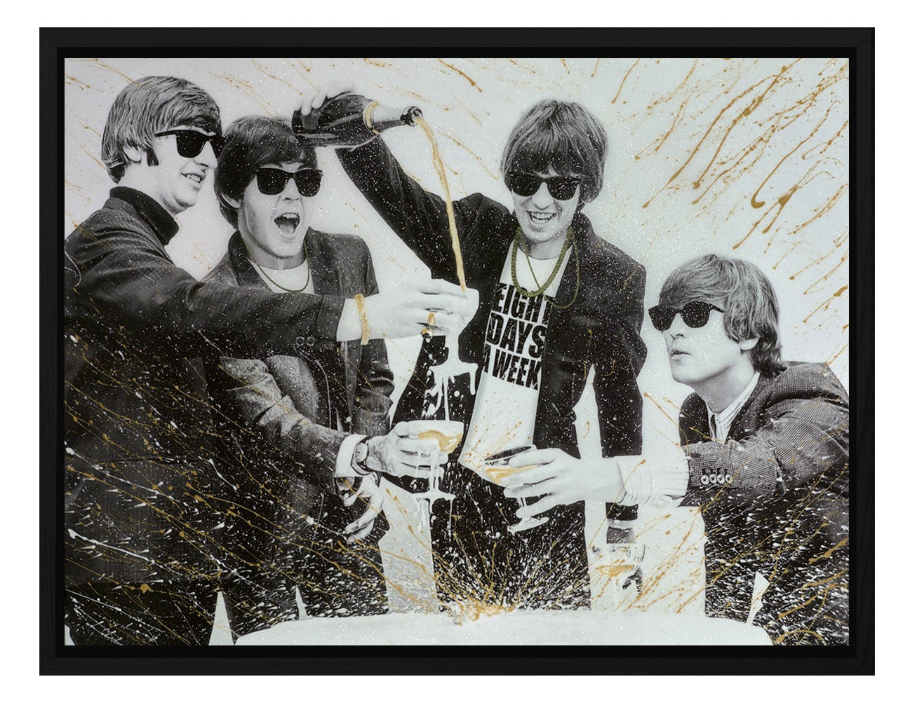 The Beatles artwork inspired by 'Eight Days a Week,' celebrating with champagne, featuring gold metallic paints, glitter resin, and mixed media for a luxury, glamorous, and classy aesthetic.