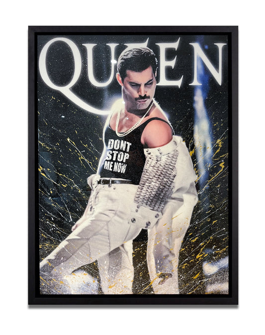 Freddie Mercury artwork inspired by Queen's 'Don't Stop Me Now,' featuring Freddie on stage with splattered gold and white acrylic paints, finished with glitter resin in a dynamic mixed media pop art style.