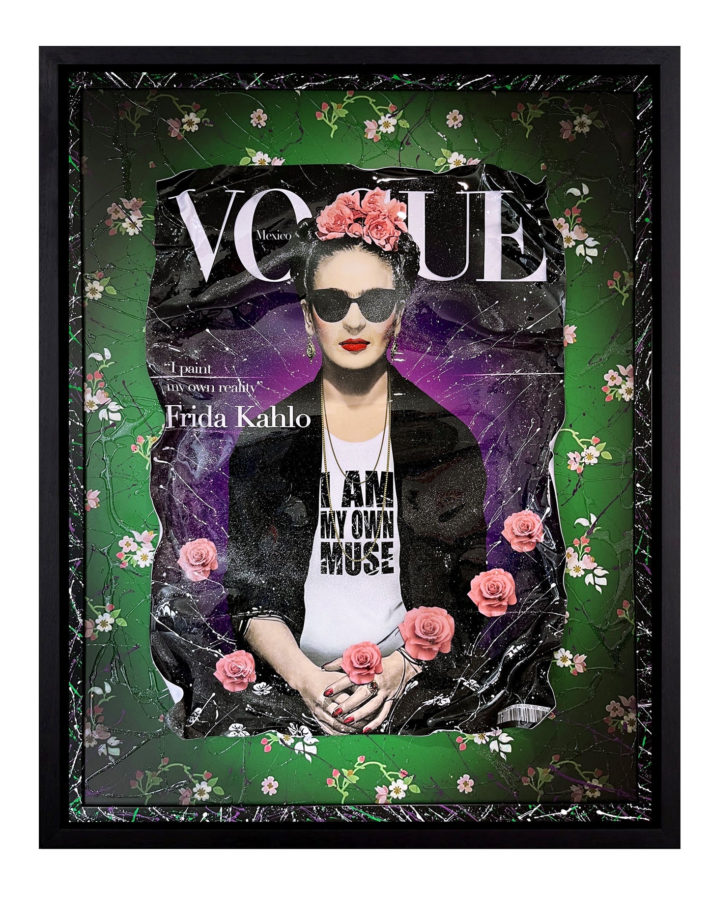 Frida Kahlo artwork inspired by Vogue magazine, featuring a green and purple gradient with glitter resin. The piece portrays Frida wearing sunglasses, exuding a cool and confident vibe, blending elegance with modern pop art style. 3D Artwork.