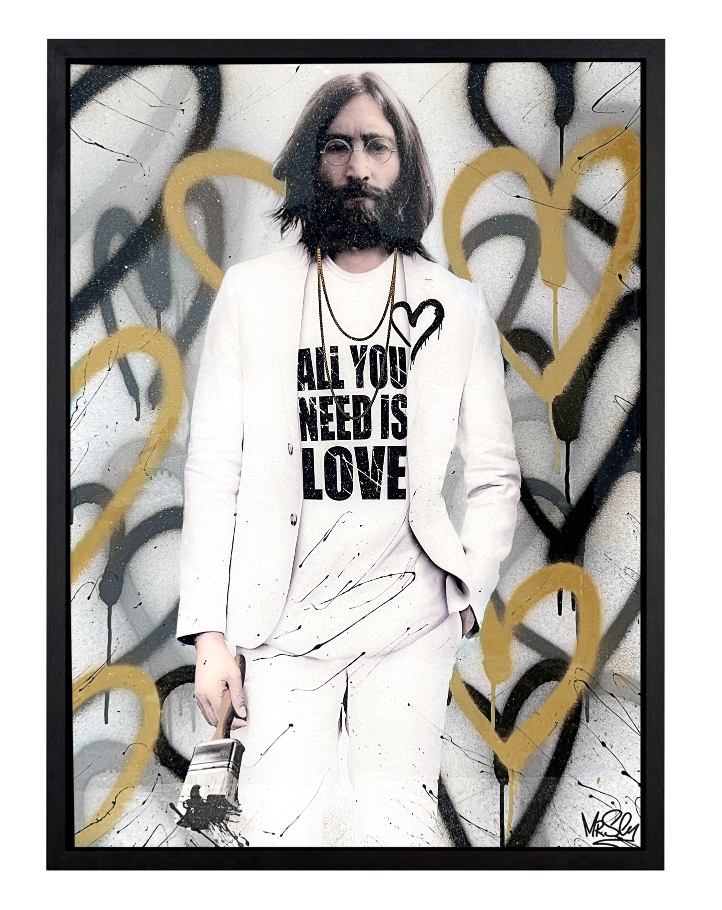 John Lennon artwork inspired by 'All You Need Is Love,' with gold, black, and silver spray-painted love hearts, urban art and pop art elements, and luxury glitter resin. Mixed media artwork