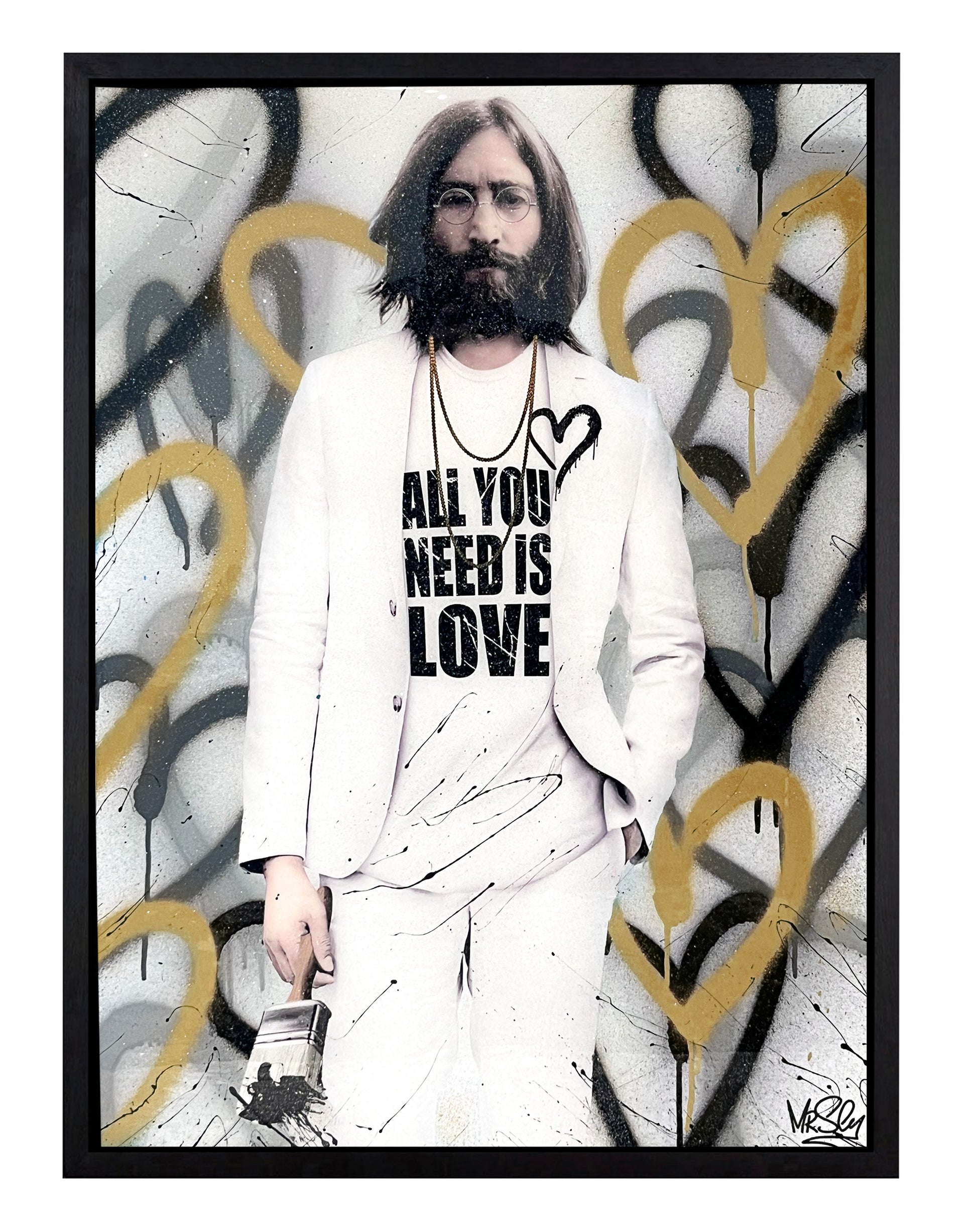 John Lennon artwork inspired by 'All You Need Is Love,' with gold, black, and silver spray-painted love hearts, urban art and pop art elements, and luxury glitter resin. Mixed media artwork