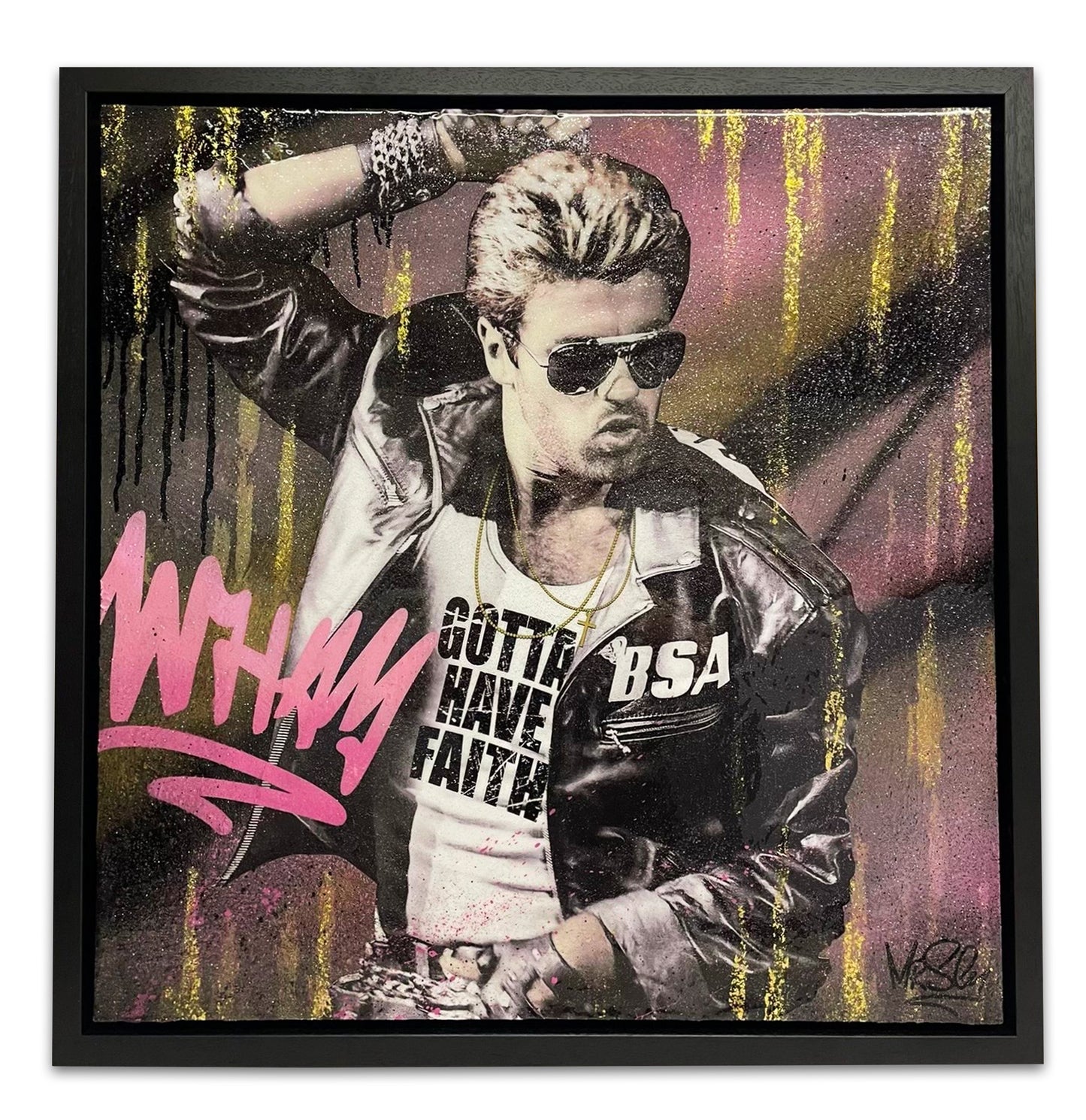 George Michael artwork inspired by 'Gotta Have Faith,' featuring a spray-painted stencil reading 'WHAM' in pink, gold leaf, gold glitter resin, and urban pop art elements. Mixed media artwork