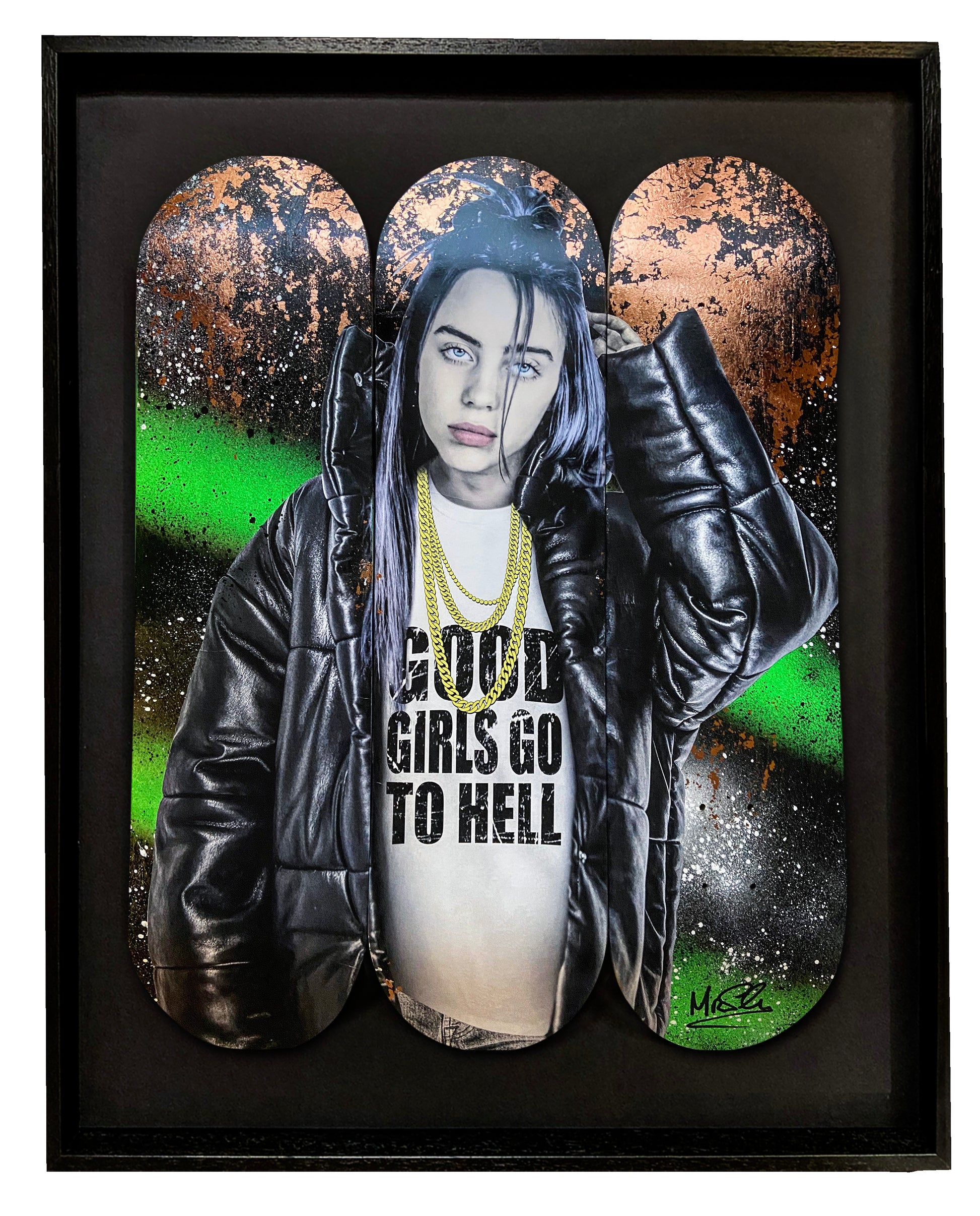 Billie Eilish skateboard deck with green and black spray paint, bronze foil leaf, inspired by the song "Good Girls Go to Hell. Skateboard art.