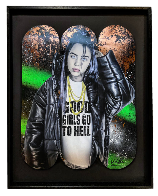 Billie Eilish skateboard deck with green and black spray paint, bronze foil leaf, inspired by the song "Good Girls Go to Hell. Skateboard art.