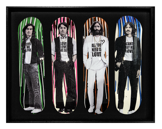 The Beatles skateboard deck featuring the band on each deck with multi-coloured dripping paint, inspired by the song "Come Together. Skateboard art.