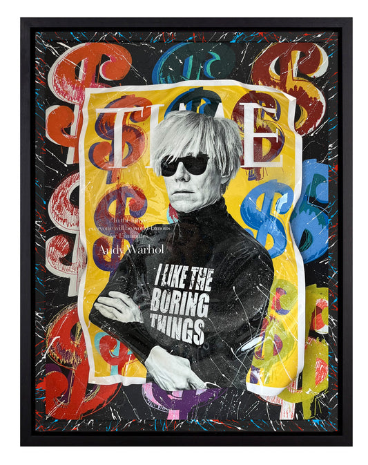 Andy Warhol artwork inspired by Time magazine, featuring dollar bill symbols and a 3D-mounted design. This mixed media piece includes splattered acrylic paints and bold, vibrant elements, celebrating Warhol's iconic style and pop art legacy. 3D Artwork.
