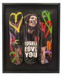 Bob Marley skateboard deck with coloured spray-painted love hearts inspired by "I Wanna Love You" and holographic glitter resin. Skateboard art.