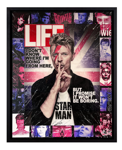 David Bowie pop art inspired by Life magazine, featuring red foil accents, a Union Jack, and Ziggy Stardust imagery. This mixed media artwork incorporates acrylic paints, glitter resin, and 3D elements, celebrating British pop culture with a "Starman" theme. 3D artwork