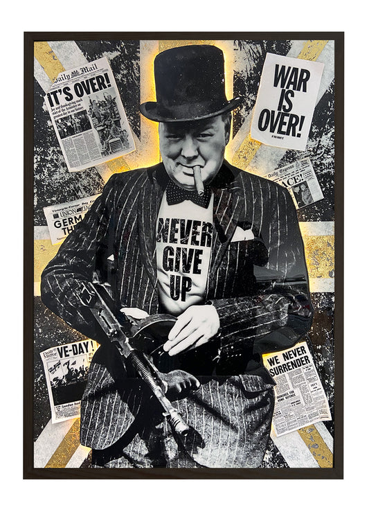 Gold leaf artwork of Winston Churchill with LED lights fitted underneath. Handcrafted for a bold and dynamic visual impact. 