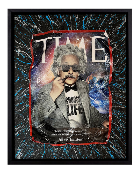 Einstein artwork inspired by Time magazine, featuring a space-themed background. This abstract pop art piece showcases Einstein wearing sunglasses, with vibrant splattered acrylic paints adding dynamic energy and a cool, modern vibe. 3D Artwork.
