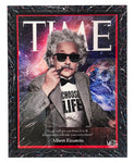 Einstein artwork inspired by Time magazine, featuring black sunglasses, cool pop art and street art elements, with acrylic paints and glitter resin. Mixed media artwork