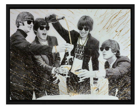 The Beatles artwork inspired by 'Eight Days a Week,' celebrating with champagne, featuring gold metallic paints, glitter resin, and mixed media for a luxury, glamorous, and classy aesthetic.