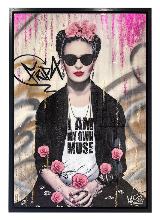 Frida Kahlo artwork with the phrase 'I Am My Own Muse,' featuring urban street art elements, pink foil accents, spray paints, a stencil design, and sunglasses. A vibrant mixed media pop art piece
