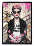 Frida Kahlo artwork with the phrase 'I Am My Own Muse,' featuring urban street art elements, pink foil accents, spray paints, a stencil design, and sunglasses. A vibrant mixed media pop art piece