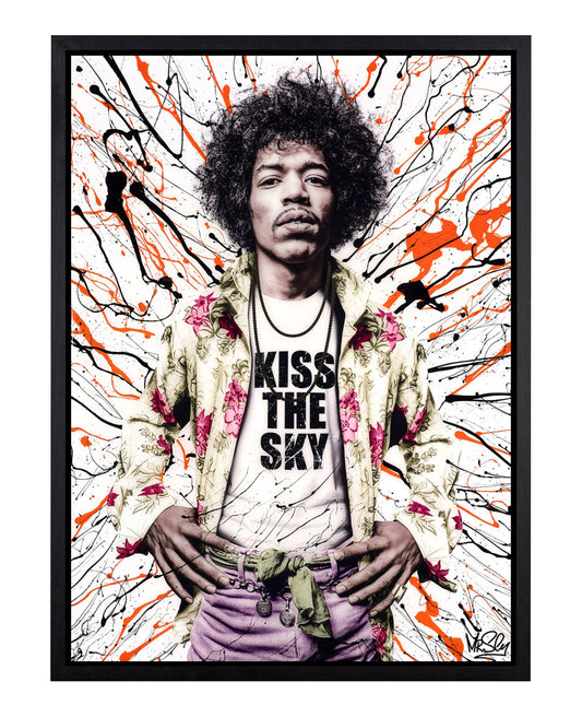 Jimi Hendrix artwork with black and orange abstract splattered paints, featuring Hendrix in a 'Kiss the Sky' t-shirt, layered with glitter resin.Mixed media artwork
