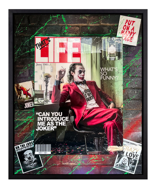 Joker artwork inspired by Life magazine, featuring a 3D brick background with graffiti elements. This mixed media piece incorporates spray paint, splattered acrylic paints, and bold clown imagery, capturing the edgy and chaotic essence of the Joker in a dynamic urban art style. 3D Artwork.