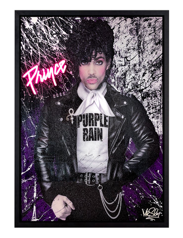 Artwork of Prince featuring a pink neon sign, silver leaf, purple and black paints, and glitter resin for a bold, shimmering effect. Neon artwork.