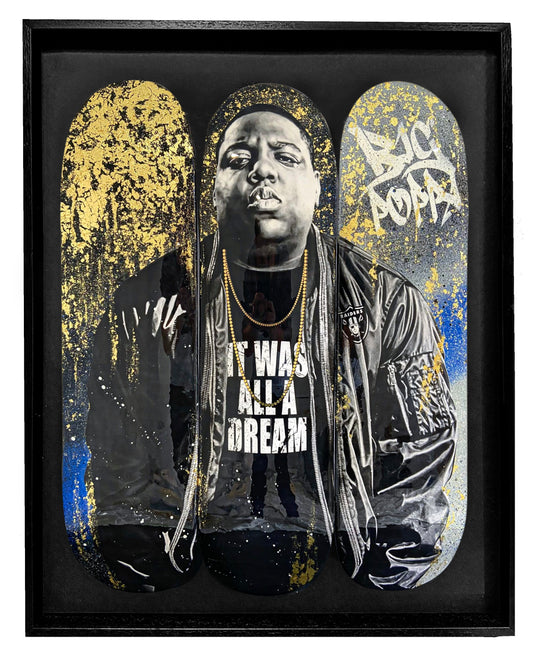 Biggie Smalls skateboard deck with blue and black colours, gold leaf, and glitter resin, inspired by the song "It Was All a Dream. Skateboard art.